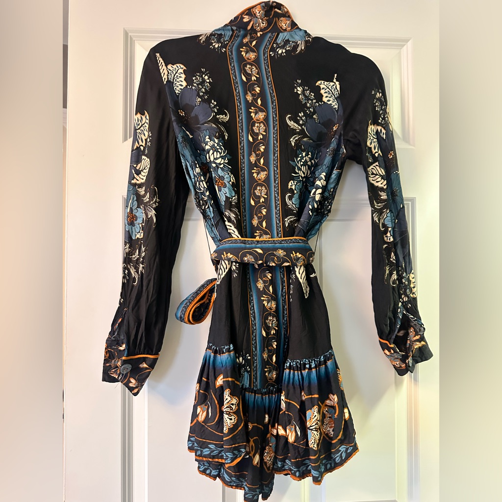 Farm Rio Black Floral Long-Sleeve Tiered Mini Dress With Blue & Gold Trim